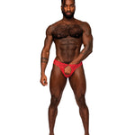 Red floral lace men's open ring thong with a small ringed waistband