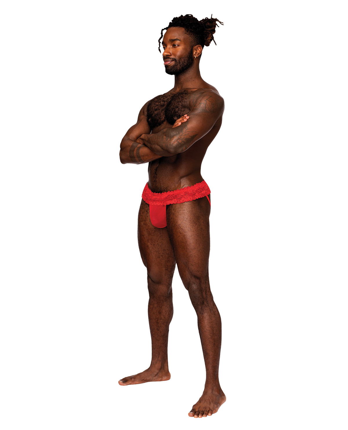 Red lace men's skirt jock with a sheer stretch mesh pouch