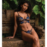 After Midnight black and blue metallic peony lace bralette and thong set by Roma Confidential