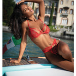 Baroque Heart red embroidered lace and satin bra and thong set by Roma Confidential