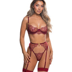 Beaded Belle red metallic bead lace top, thong and garter set by Roma Confidential