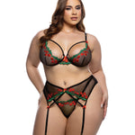 Plus size Cherry Delight black embroidered cherry lace bra, garter belt and g-string set by Roma Confidential