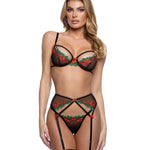 Cherry Delight black embroidered cherry lace bra, garter belt and g-string set by Roma Confidential