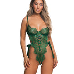Dreamer's Lust green scalloped lace and satin crotchless teddy by Roma Confidential