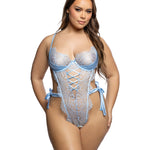 Plus size Dreamer's Lust light blue scalloped lace and satin crotchless teddy by Roma Confidential