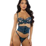 Eden teal scalloped lace and wet look bra, waspie and thong set by Roma Confidential