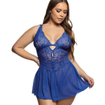 Plus size Enchanted Dream cobalt blue lace and mesh babydoll with chiffon skirt by Roma Confidential