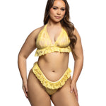 Plus size Lacy Sweet Flutter yellow stretch lace bralette and peplum panty set by Roma Confidential