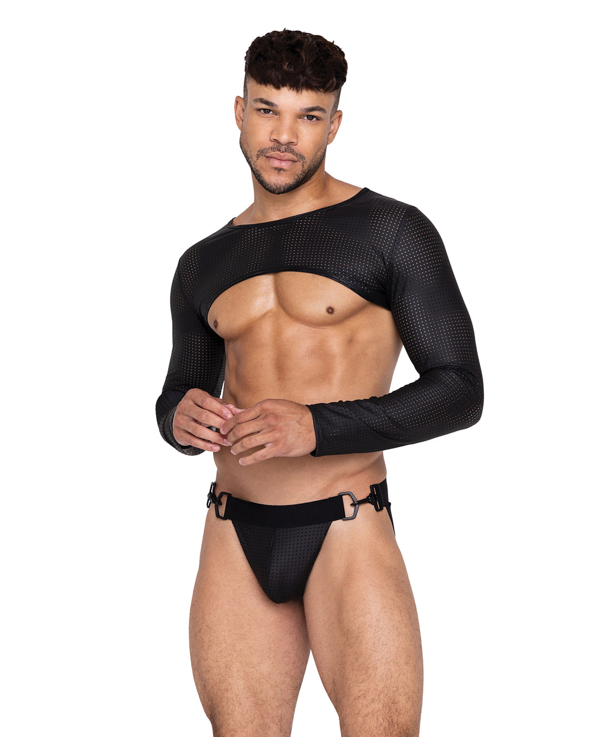 Master black perforated spandex crop top by Roma Confidential