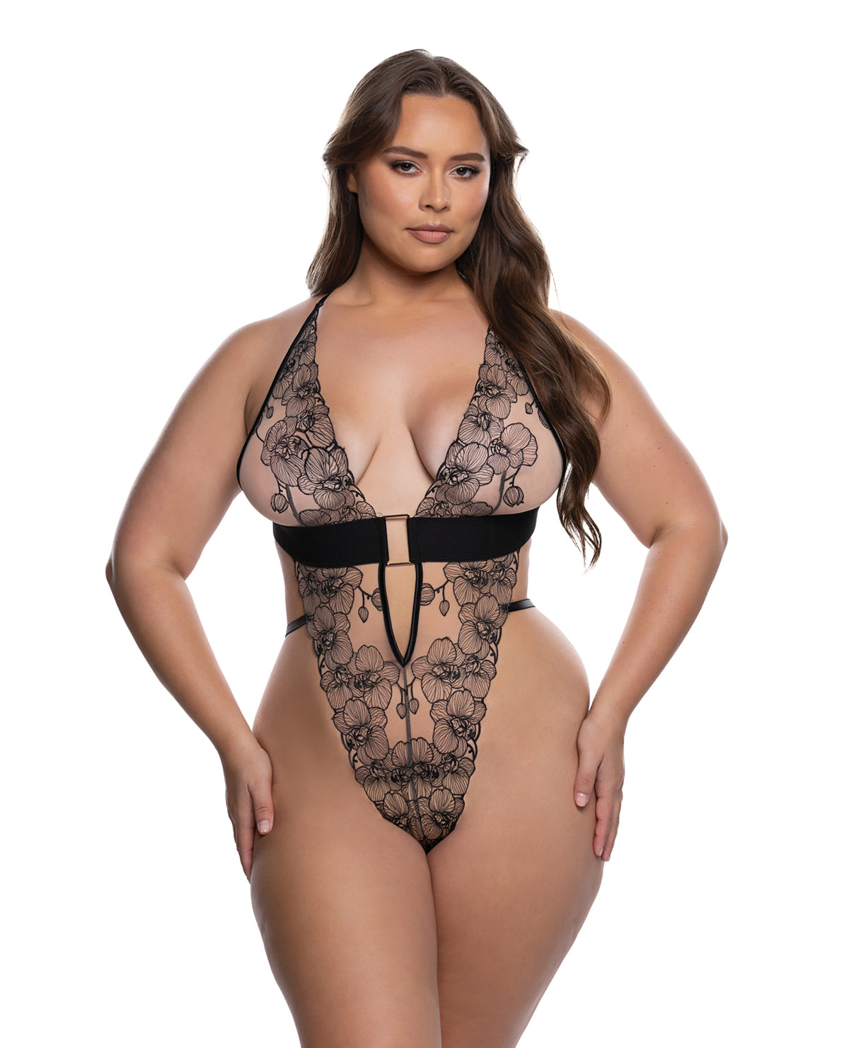 Plus size Orchid Blossom black and nude embroidered orchid tulle teddy by Roma Confidential