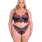 Plus size Peony Paradise black lace bralette and high-waisted g-string set by Roma Confidential