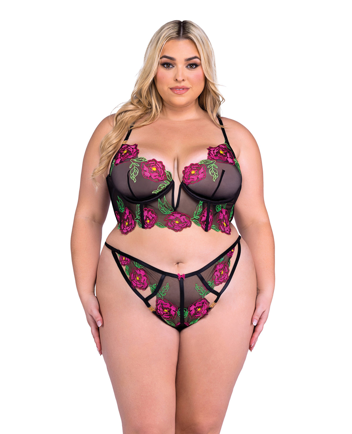 Plus size Peony Paradise black lace bralette and high-waisted g-string set by Roma Confidential