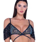 Black sequin fishnet top with fringe detail by Roma Confidential