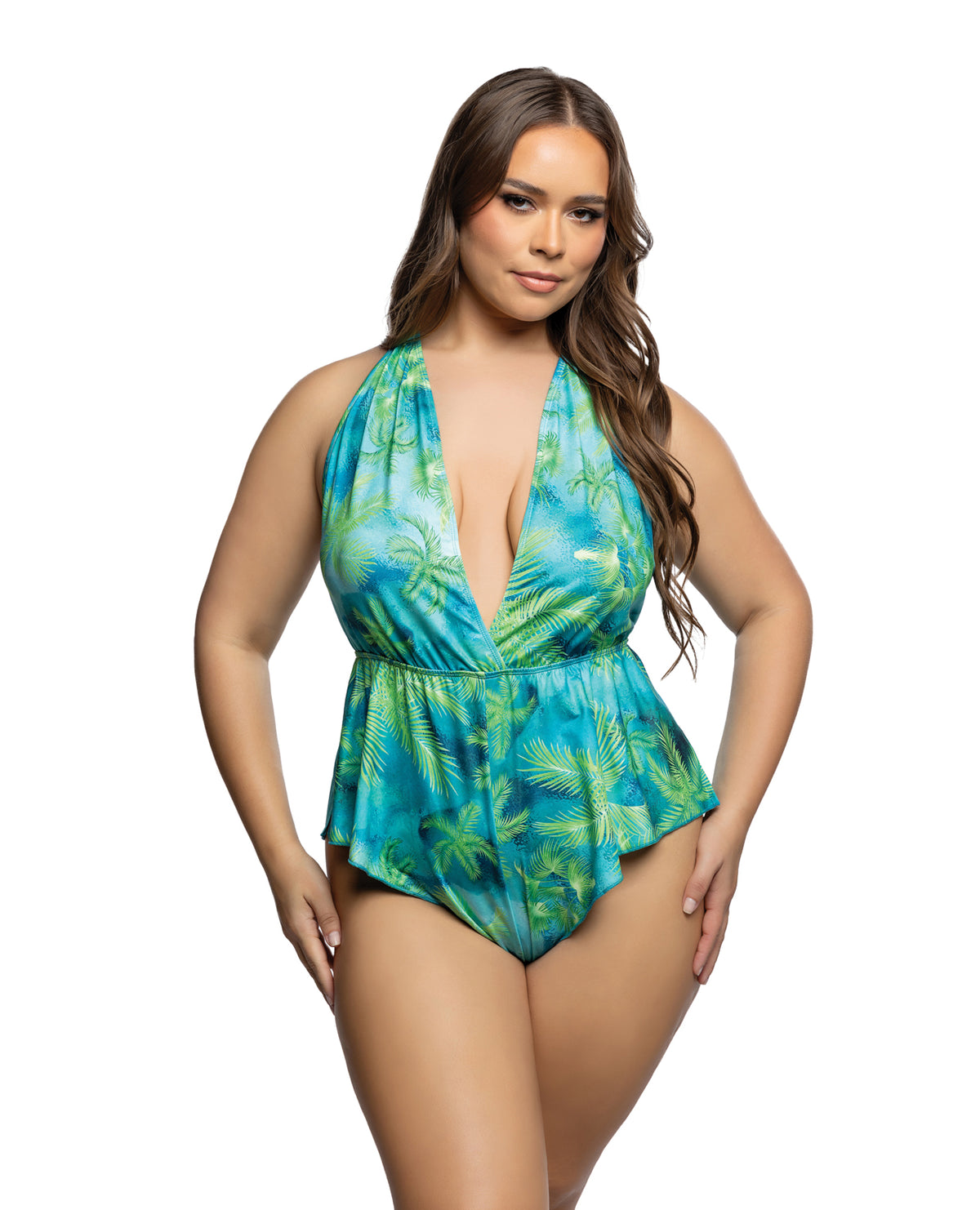 Plus size Tropical Dream turquoise jungle print jersey romper by Roma Confidential