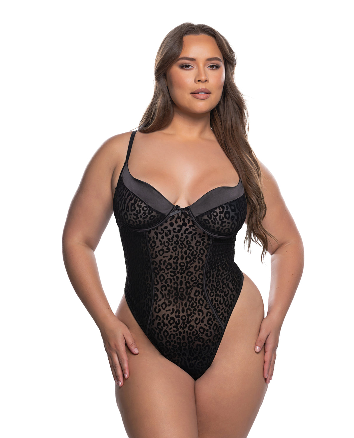 Plus size Wild Thing black flocked leopard mesh underwire teddy by Roma Confidential