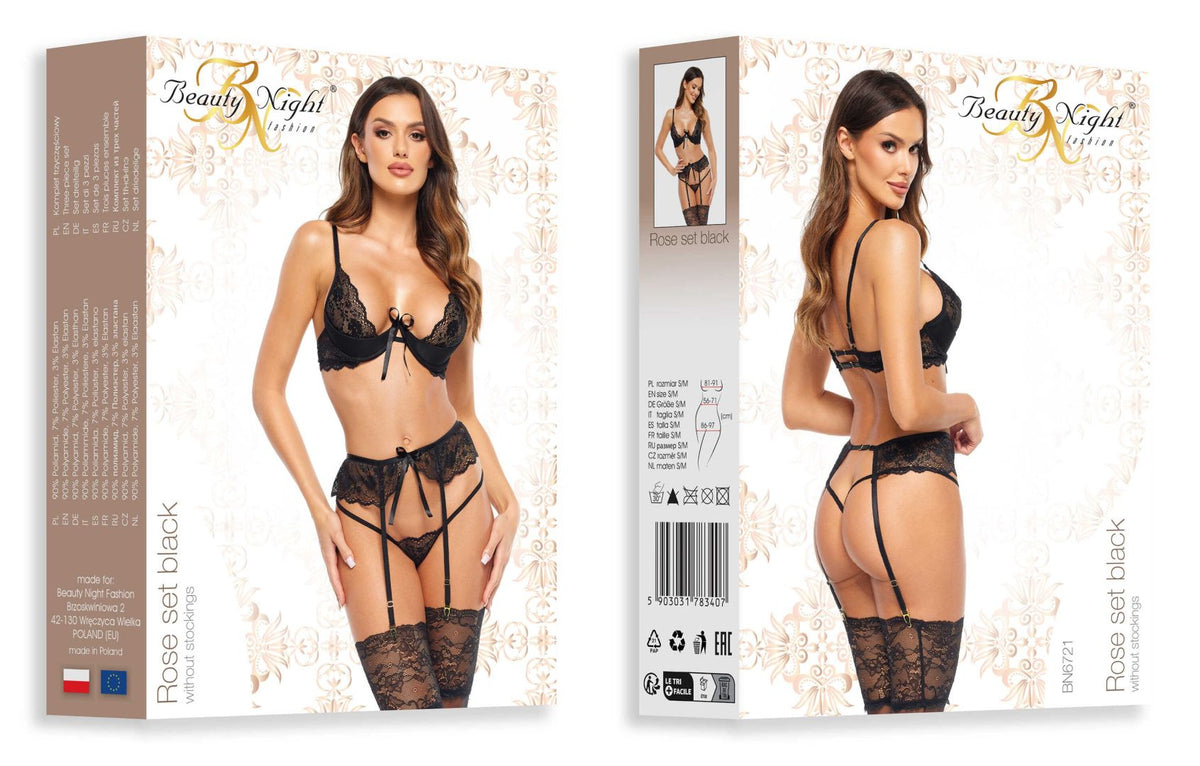 The Rose black floral lace three-piece set, seen from a different angle