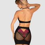 An additional view of the Rosenty black mesh top and skirt set