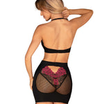 An alternate view of the Rosenty black mesh top and skirt set, with a delicate floral motif