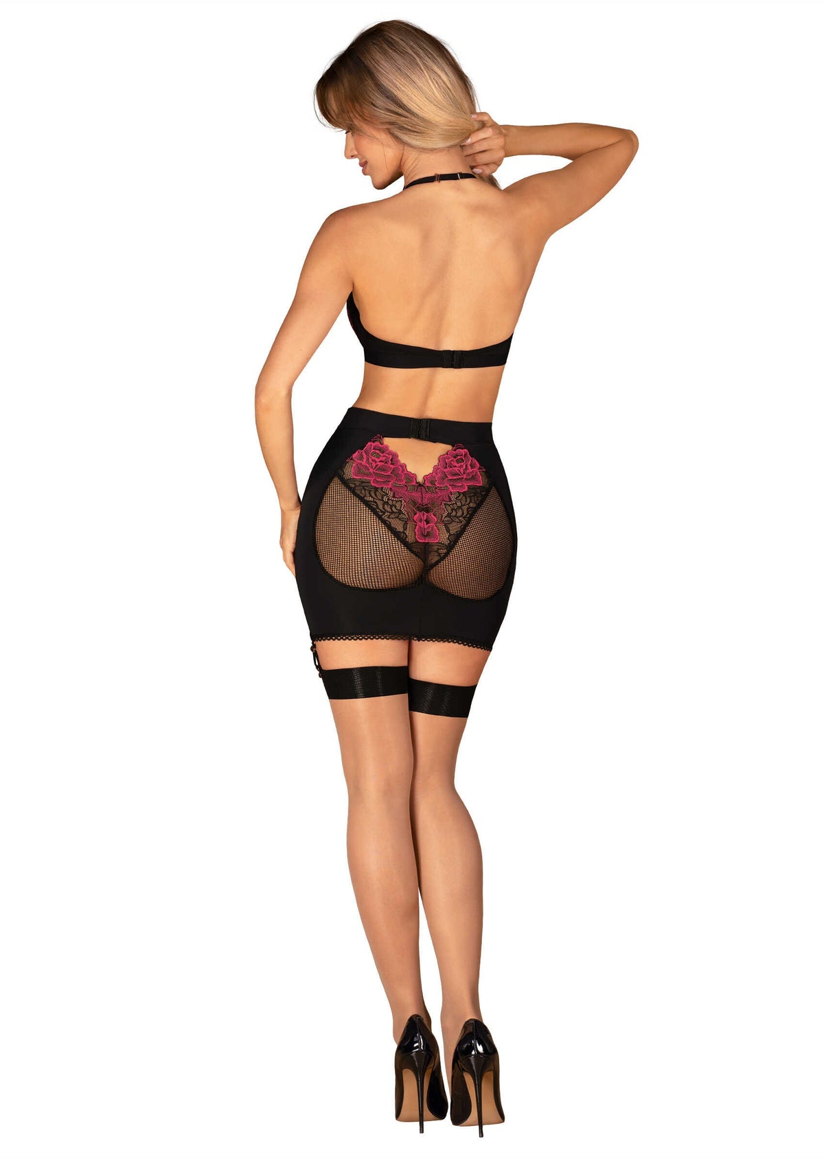 The Rosenty black mesh top and skirt set seen from another angle