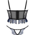 The Saphira black and blue tulle and lace corset set, seen from a different angle