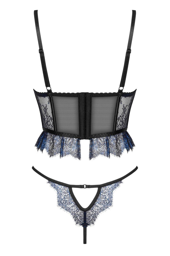 The Saphira black and blue tulle and lace corset set, seen from a different angle