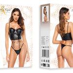 An additional view of the Sasha black wet-look corset set
