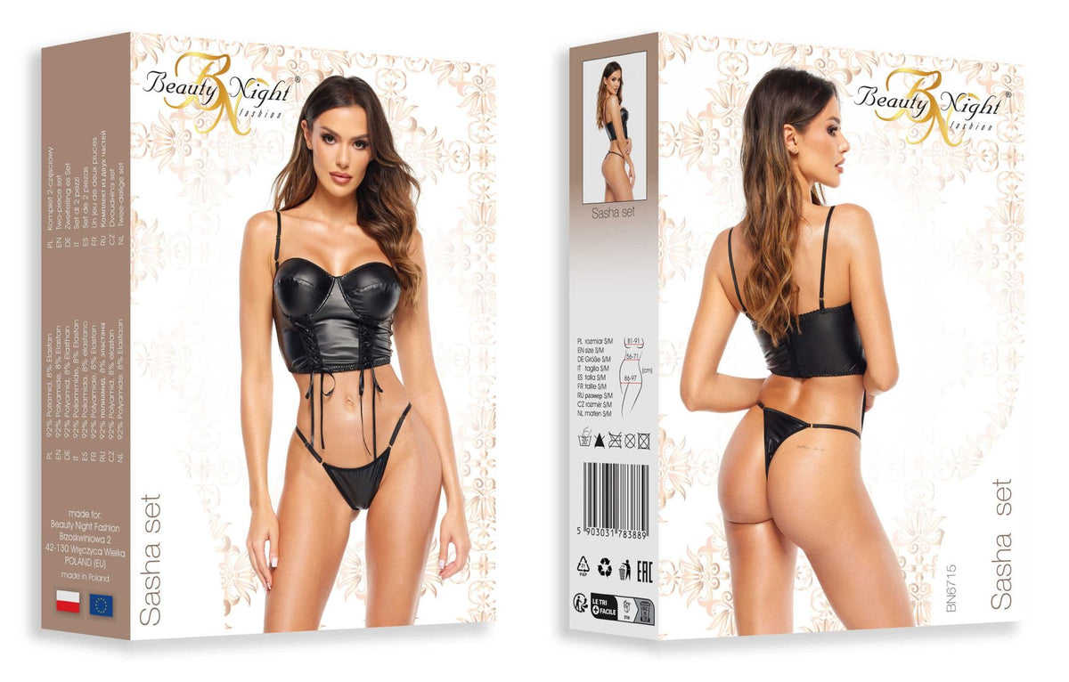 An additional view of the Sasha black wet-look corset set