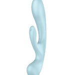 Triple Oh light blue silicone rabbit vibrator with three motors and massage function by Satisfyer