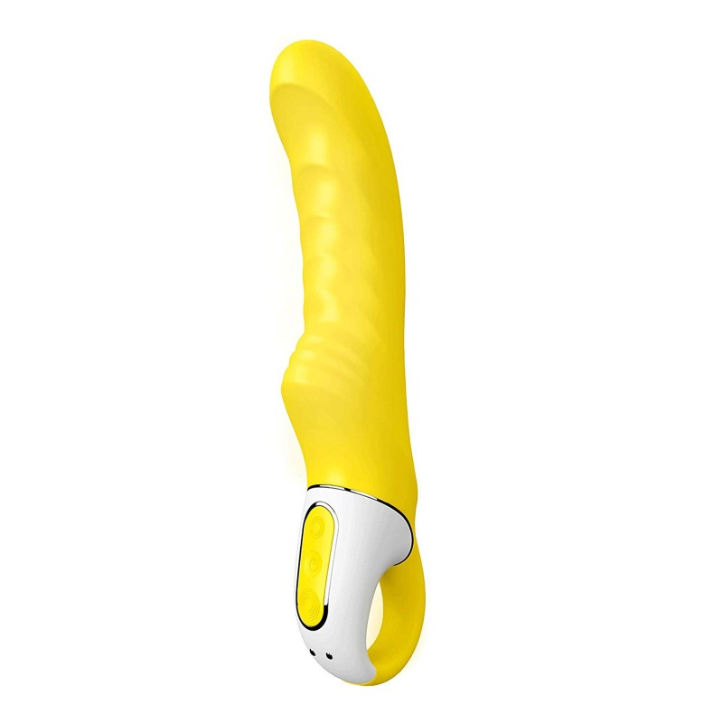 Yummy Sunshine yellow ribbed silicone vibrator with curvy tip by Satisfyer