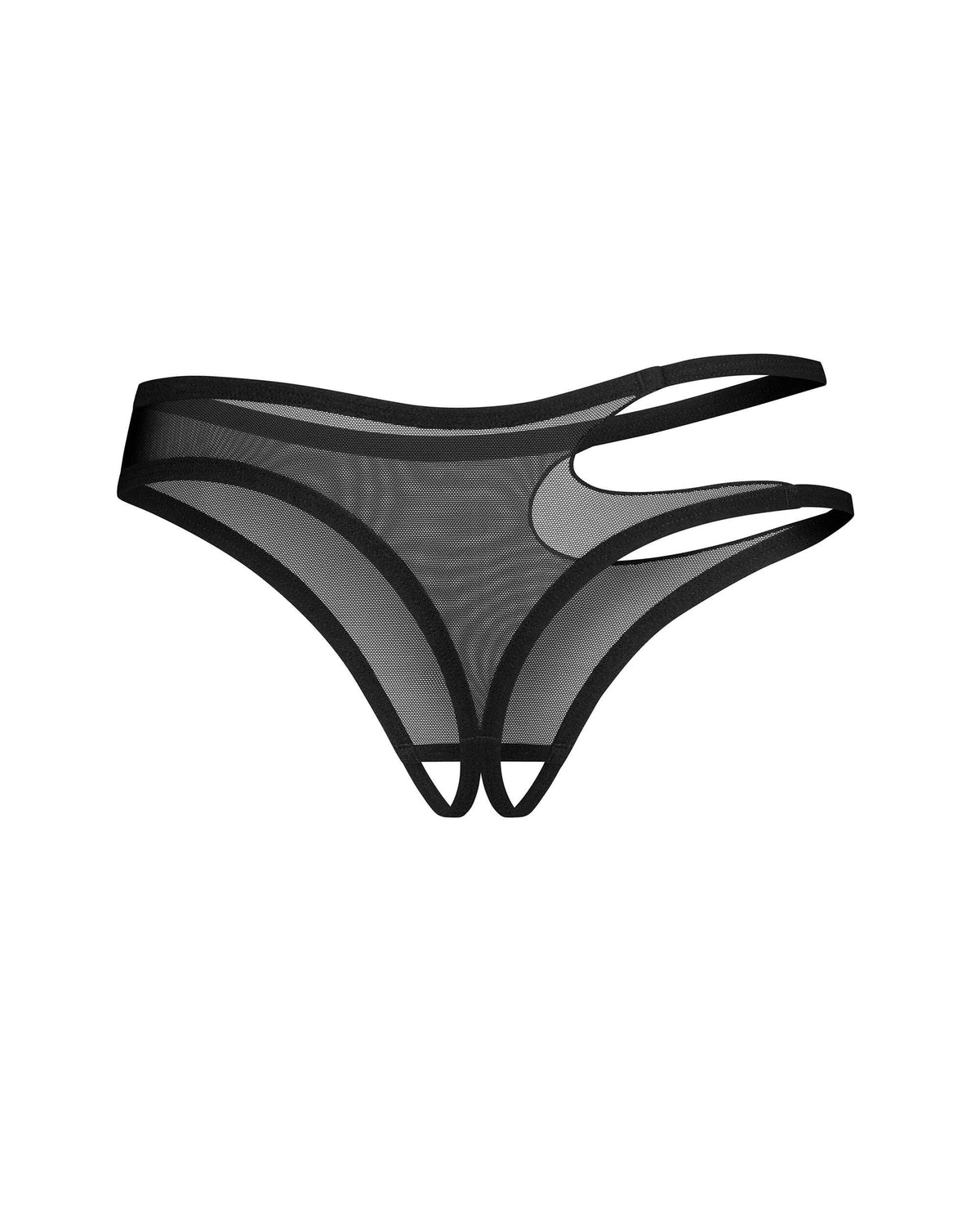 The Saturis black mesh crotchless thong, featuring elastic trim