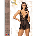 The Secret Veil black lace and tulle babydoll, featuring a flowing panel hemline