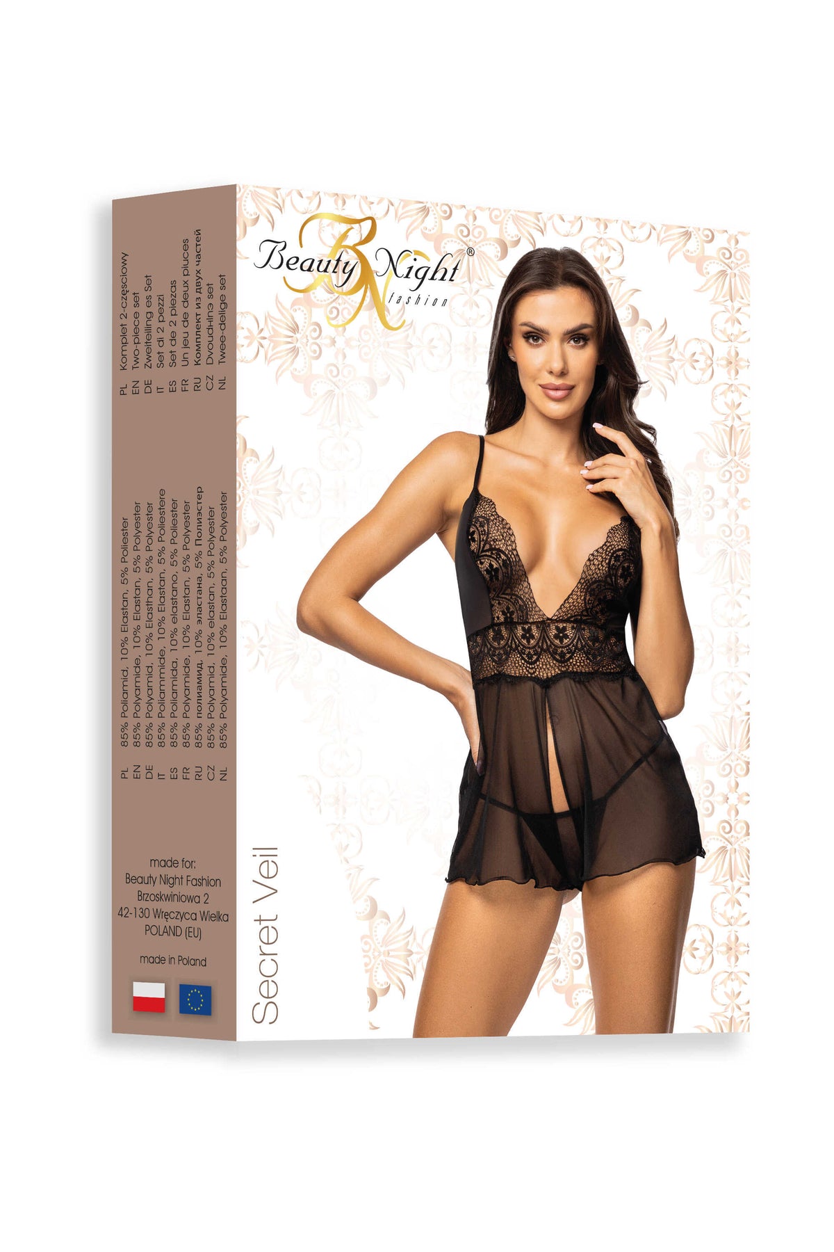 The Secret Veil black lace and tulle babydoll, featuring a flowing panel hemline
