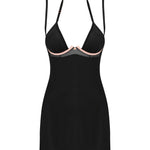 The Selinne black satin chemise and thong, seen from a different angle