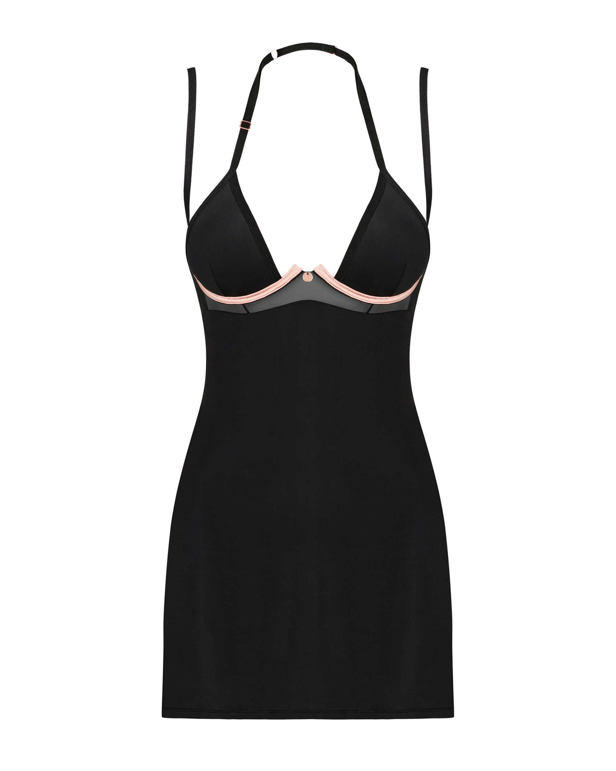 The Selinne black satin chemise and thong, seen from a different angle