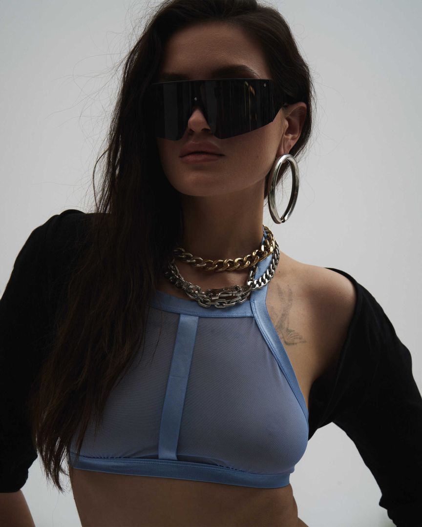 The Shaderi blue top and thong set shown from another angle