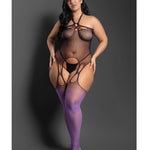 Plus size No Comparison black and purple ombre knit halter bodystocking and g-string set by Sheer by Fantasy