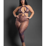 Plus size Set Me Free purple zebra print open crotch halter bodystocking by Sheer by Fantasy