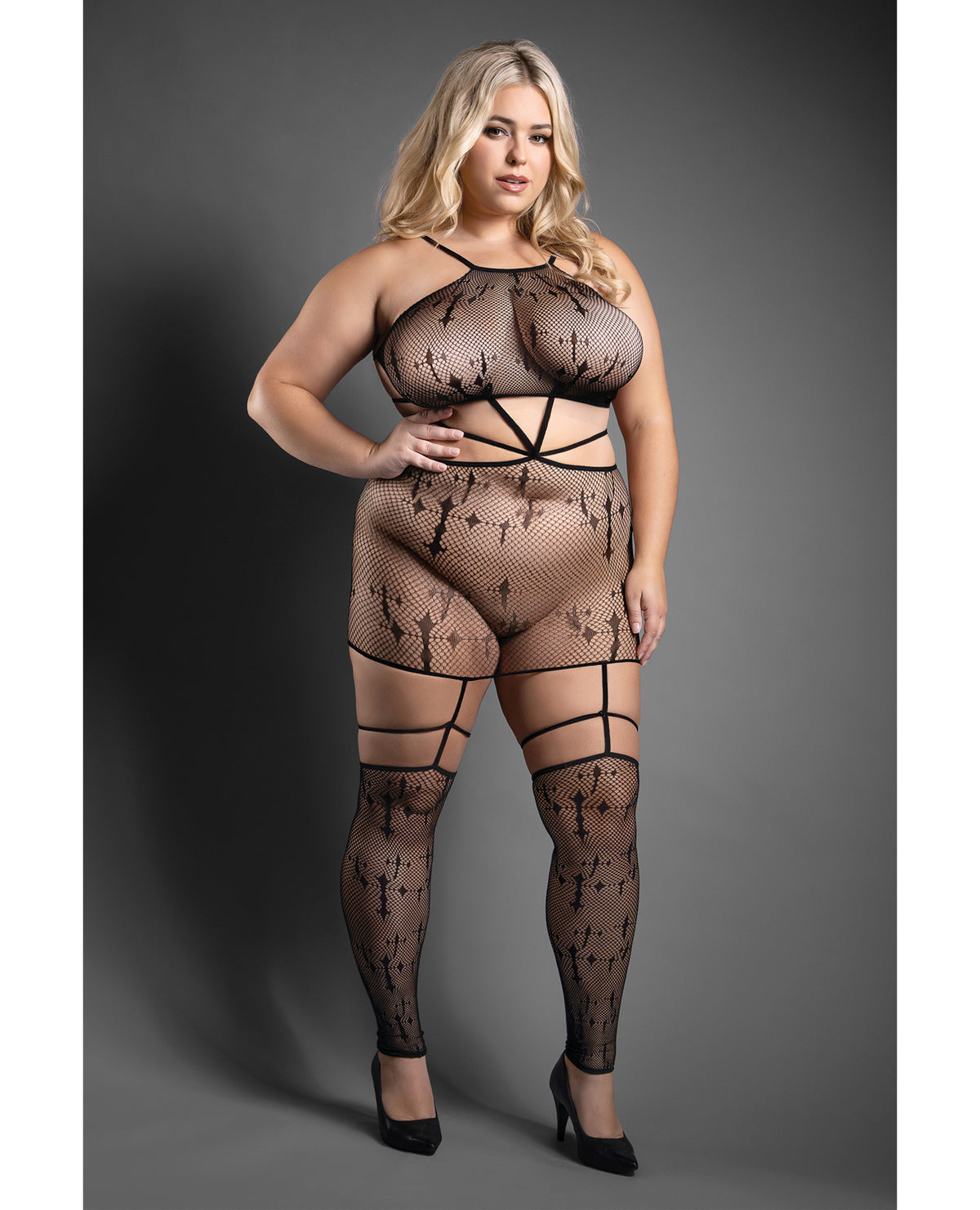 Plus size Unholy black gothic cross knit gartered bodystocking dress by Sheer by Fantasy