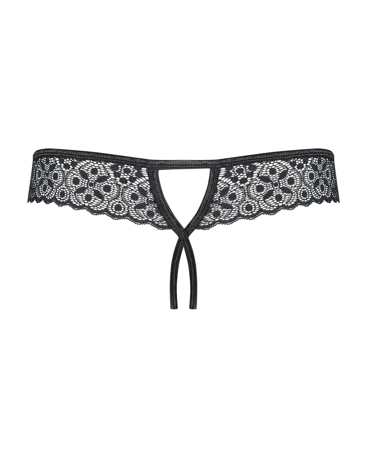 An additional view of the Shibu black geometric lace crotchless thong