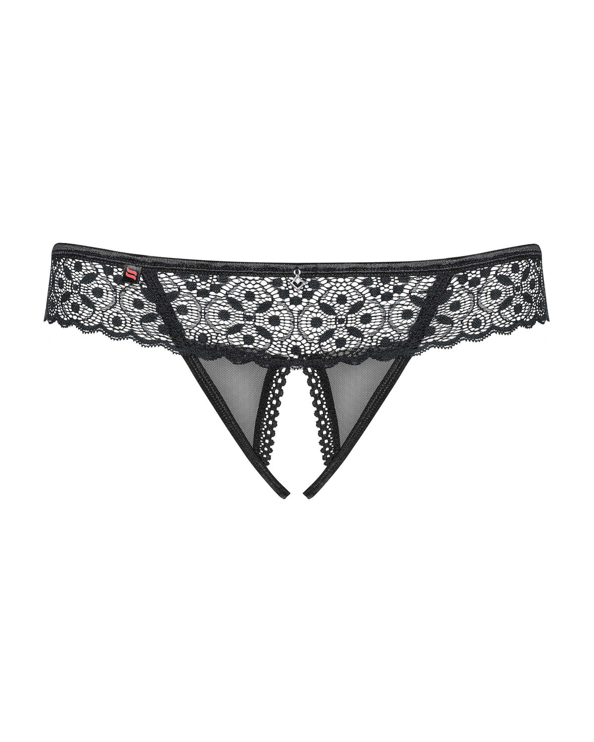 The Shibu black geometric lace crotchless thong, featuring decorative details