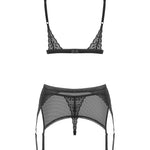 An additional view of the Shibu black geometric lace garter set
