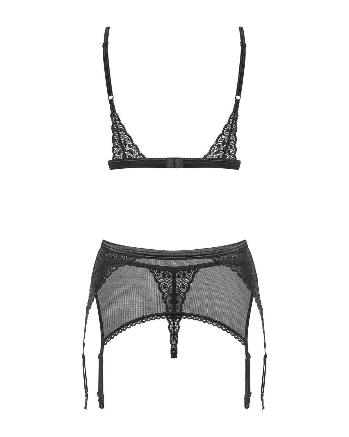 An additional view of the Shibu black geometric lace garter set