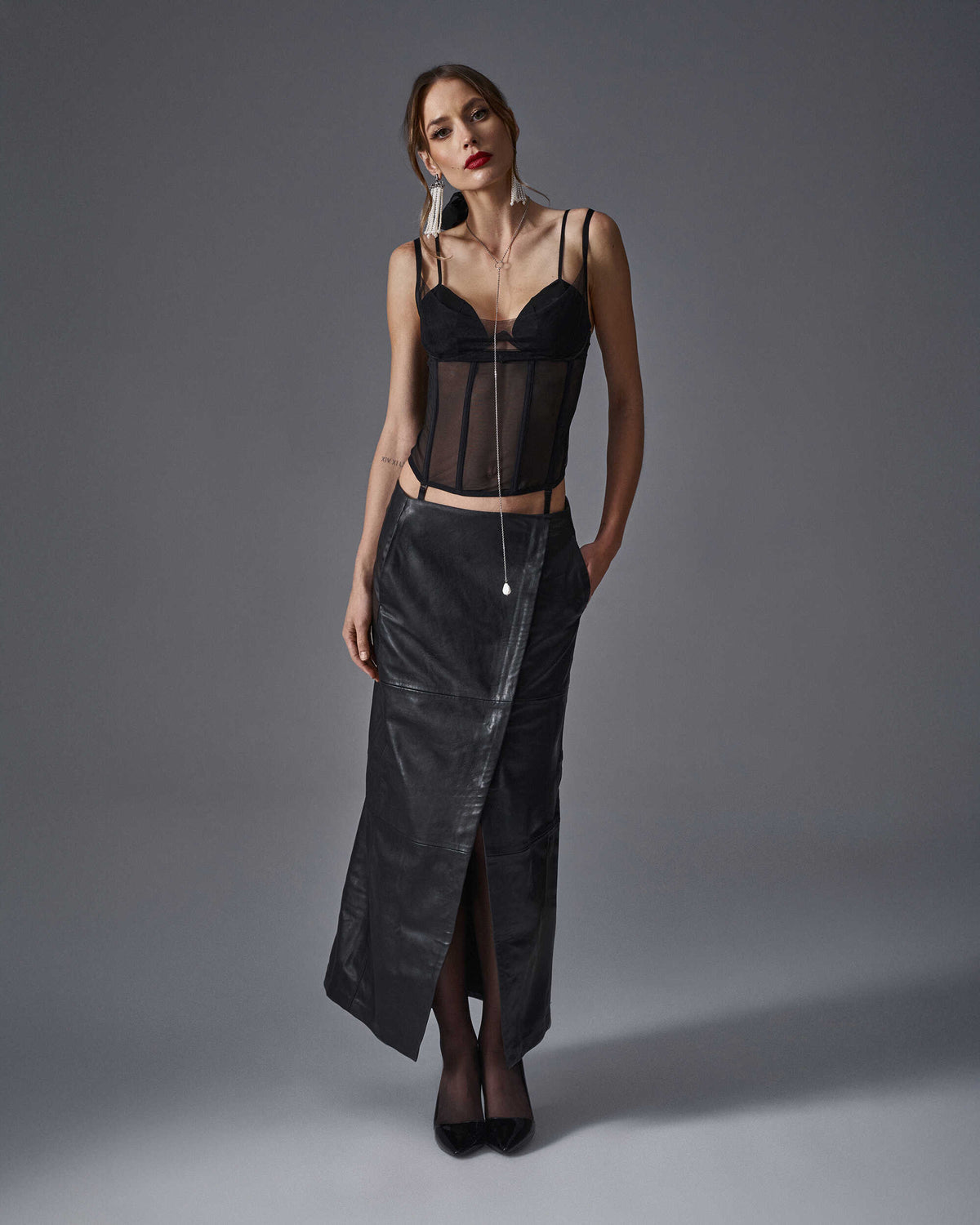 Another angle of the Sibilie black mesh corset
