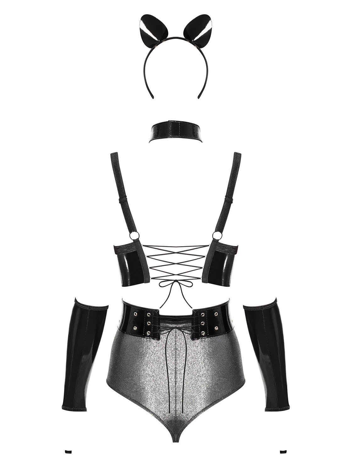 The Silveria silver and black six-piece set, featuring ears, gloves and choker
