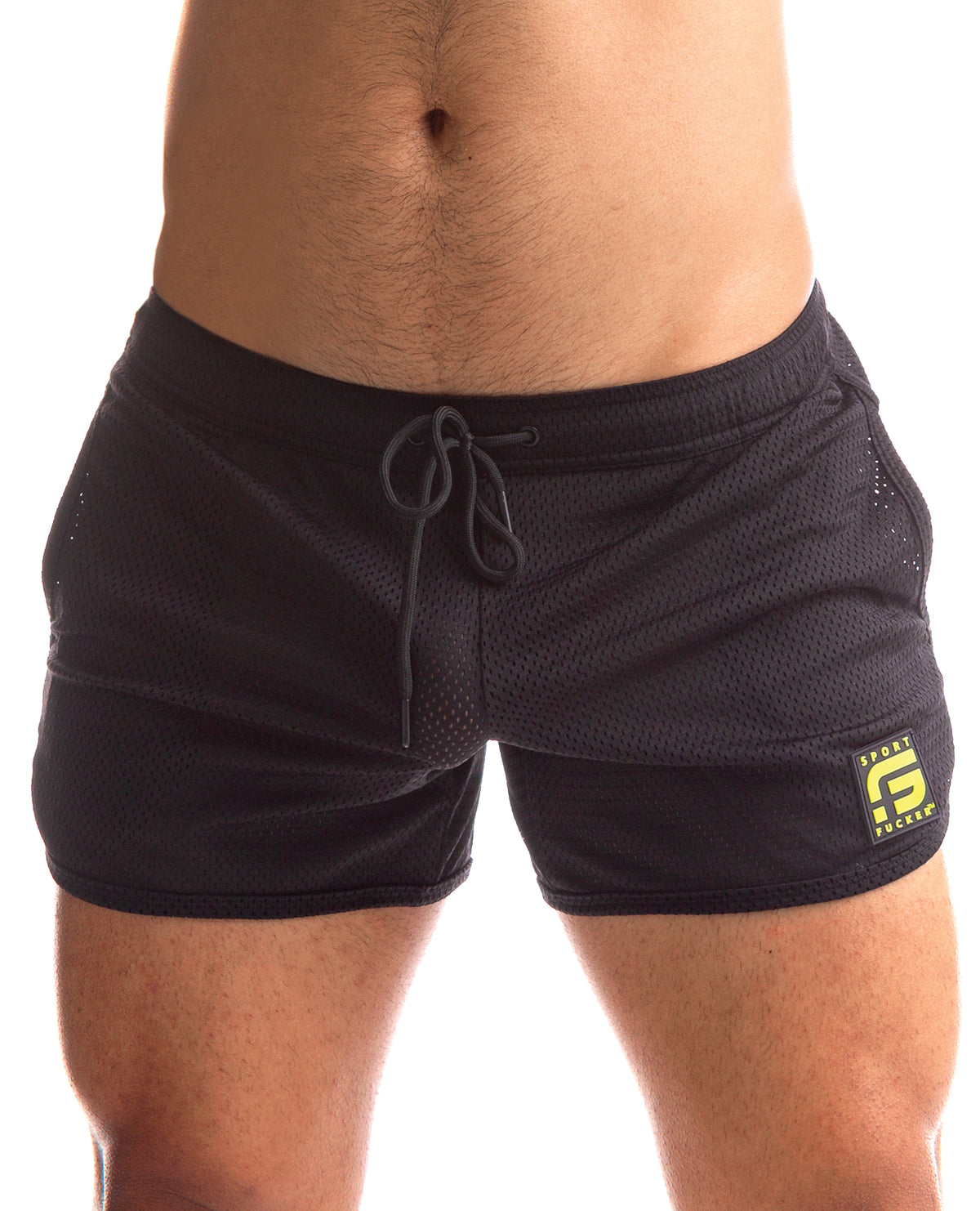 Jersey black high cut athletic shorts with drawstring waist by Sport Fucker