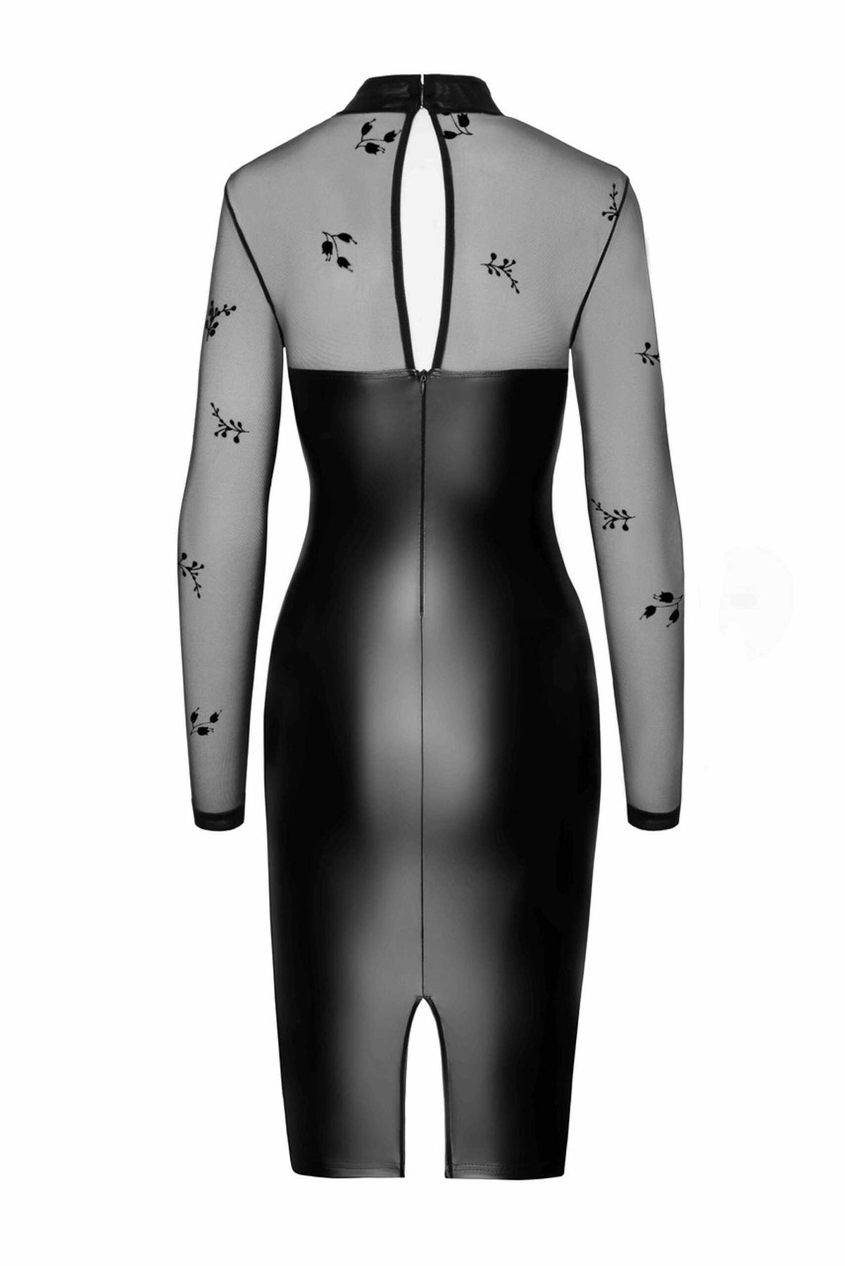 The Sublime black wetlook and mesh midi dress, featuring a hidden back zipper