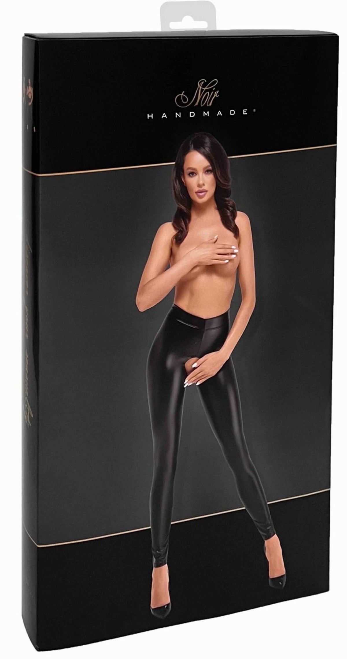 The Taboo black open wetlook leggings, seen from a different angle