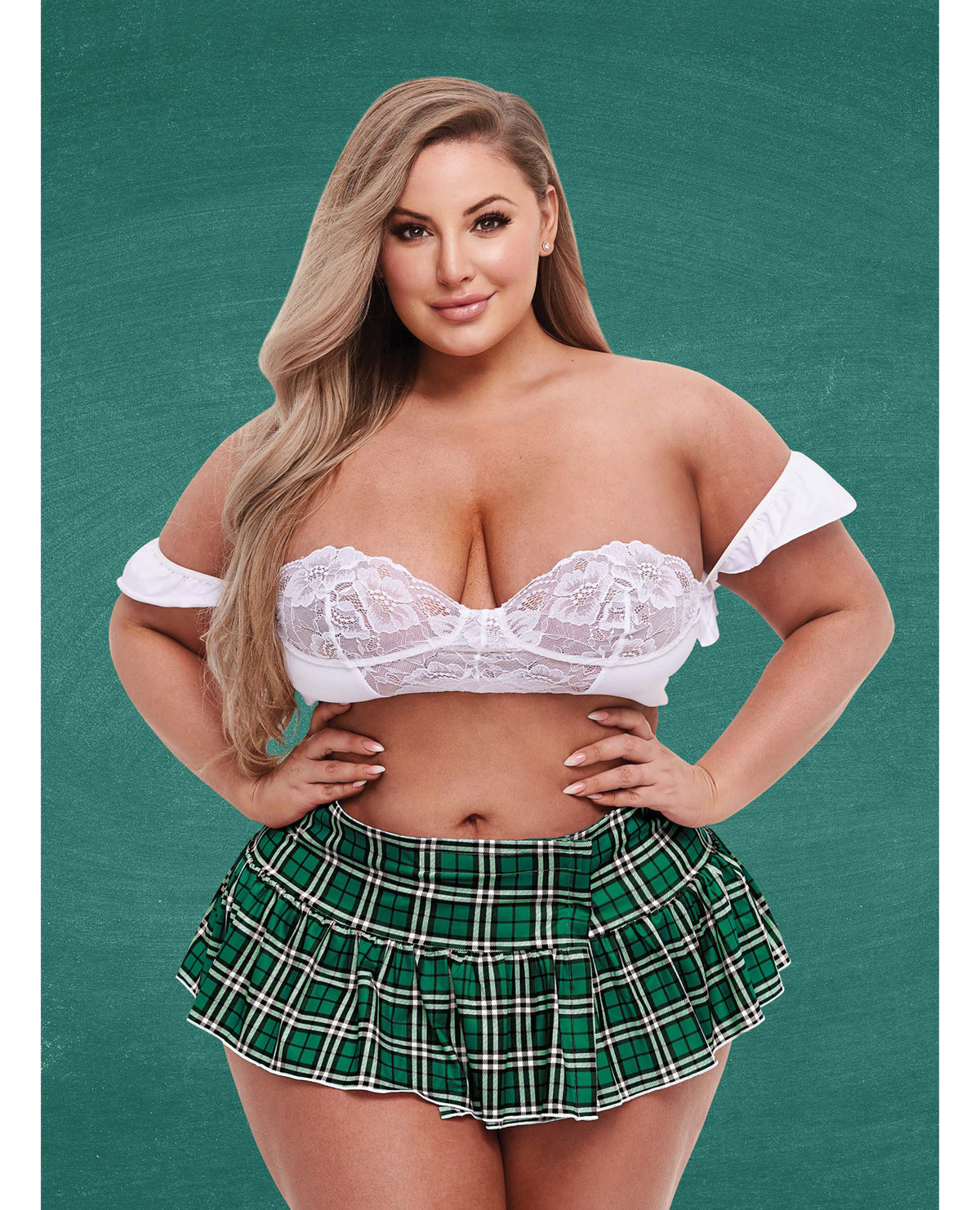 Plus size green and white schoolgirl lace balconette top and tartan pleated mini skirt set by Teacher's Pet