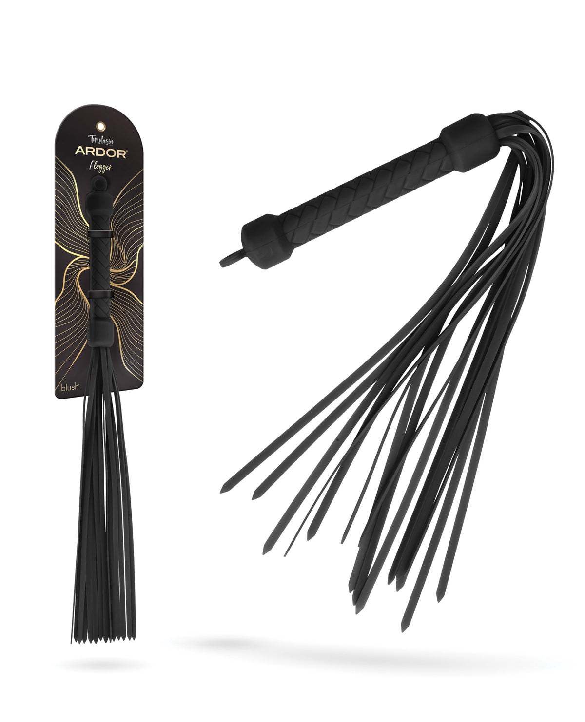 Ardor black silicone flogger with herringbone textured handle by Temptasia