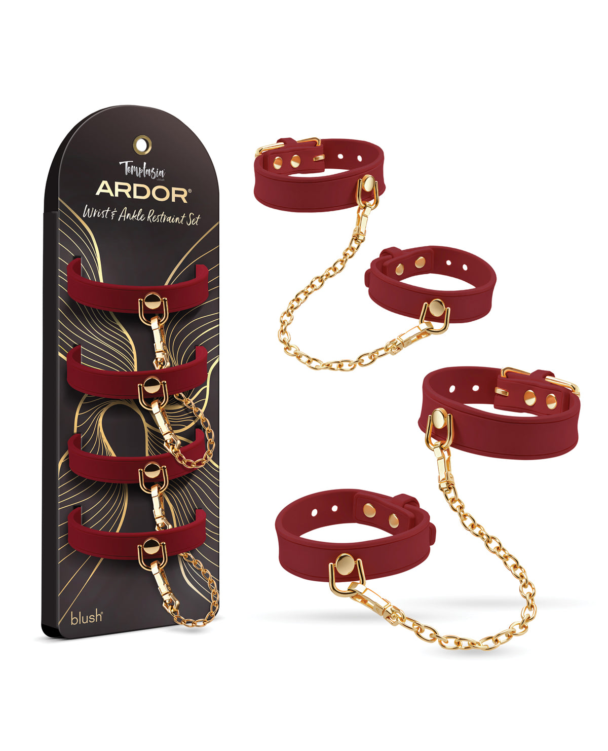 Ardor red silicone wrist and ankle restraints with adjustable straps by Temptasia